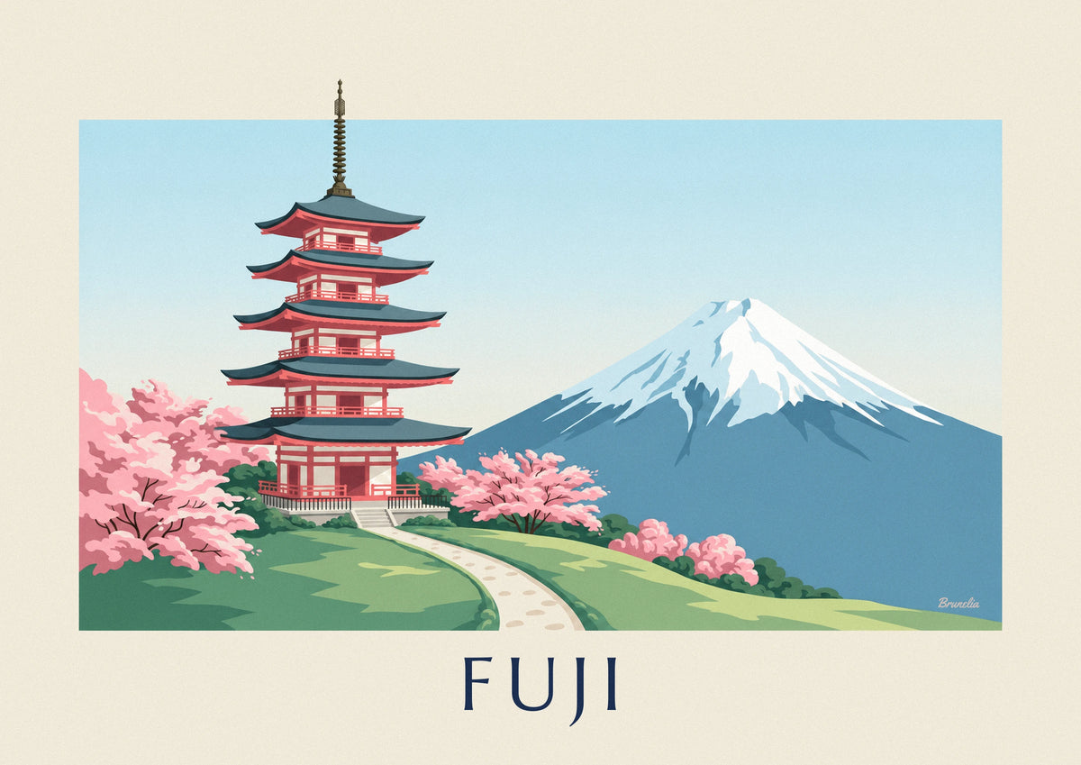 Affiche pagode Chureito face au mont Fuji et cerisiers