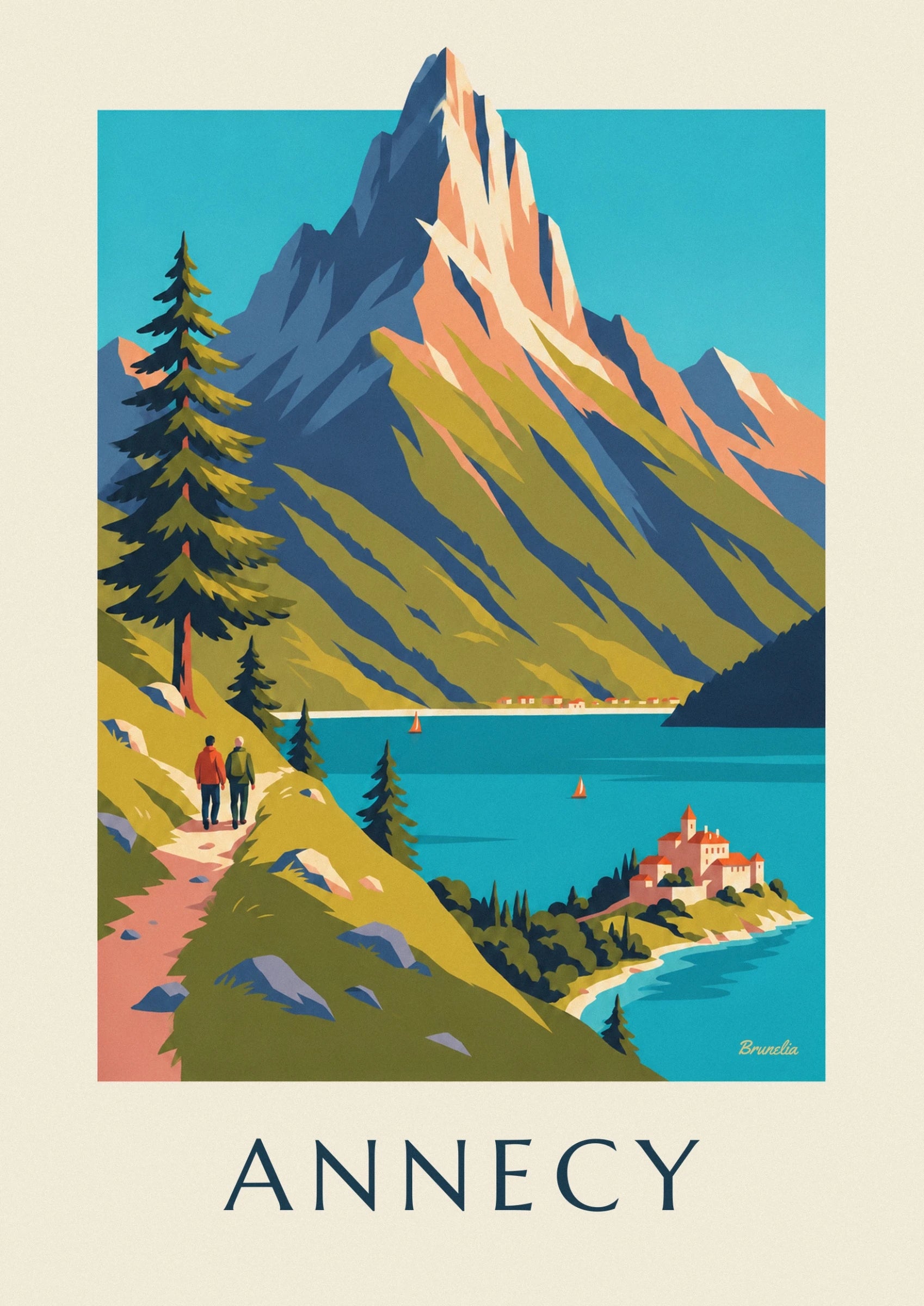 Les parois escarpées de la montagne, entre ombres bleues et roches orangées