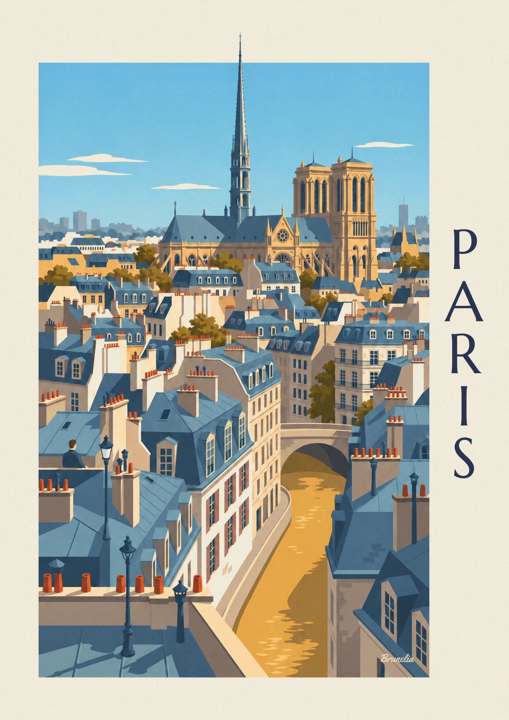 The 2 golden towers of Notre-Dame and the spire, beneath a pale blue sky