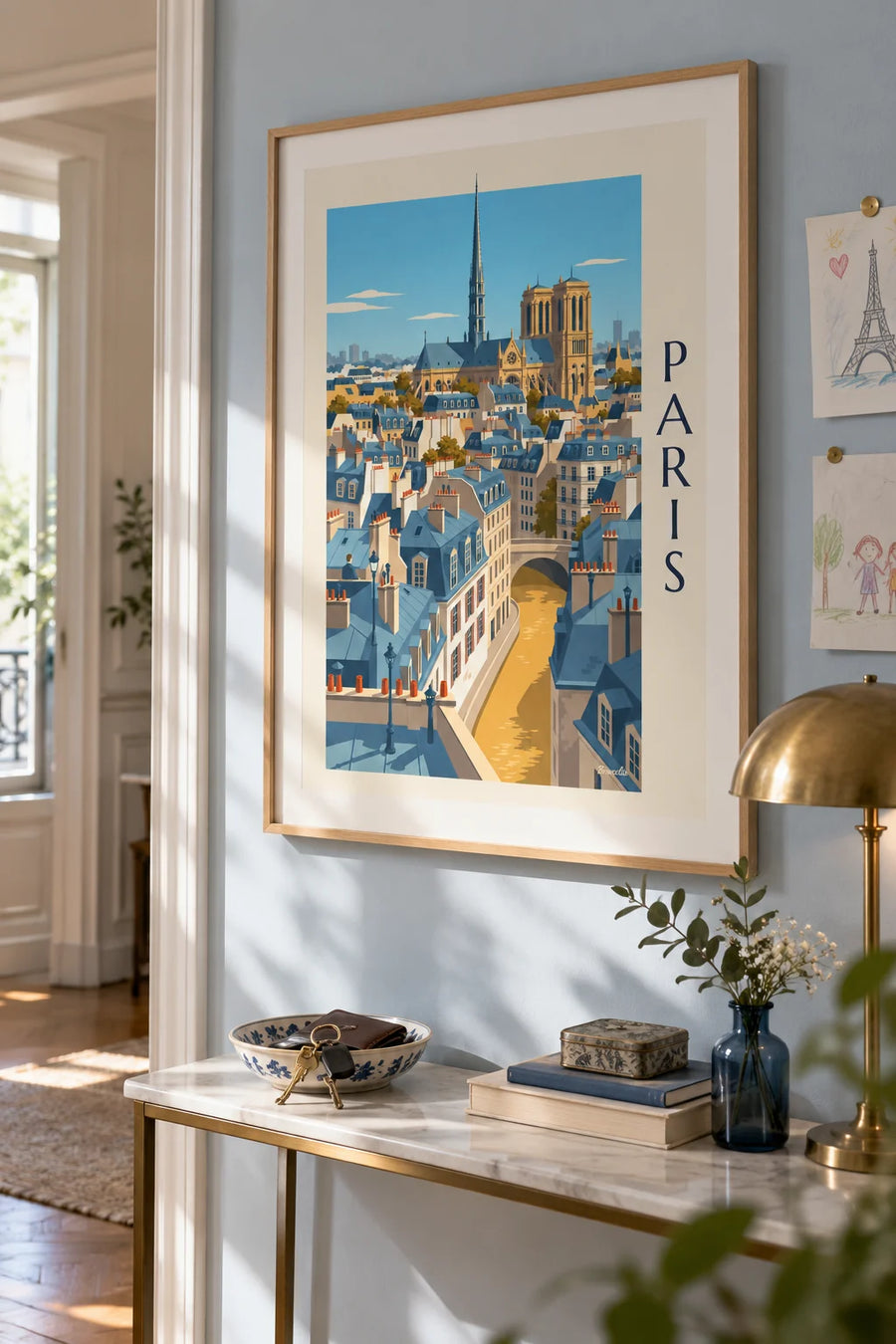 Poster of Haussmann rooftops in Paris and Notre-Dame cathedral: framed on the wall