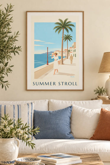 Poster donna elegante in abito bianco e cappello panama: incorniciato alla parete