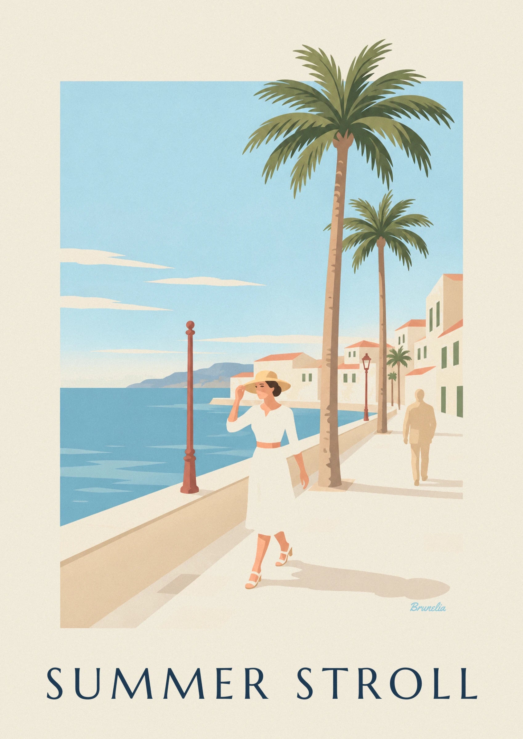 La donna in abito bianco e cappello di paglia, sulla banchina di fronte al mare
