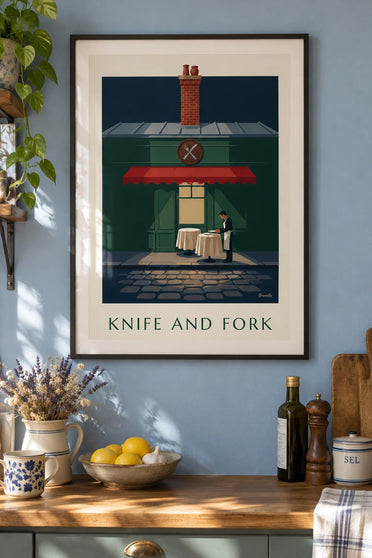 Poster di forchetta e coltello d'argento su un bistrot parigino: incorniciato alla parete