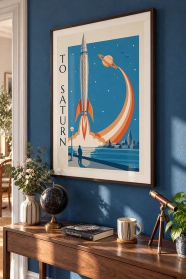 Silver rocket taking off toward Saturn from the seaside poster: framed on the wall