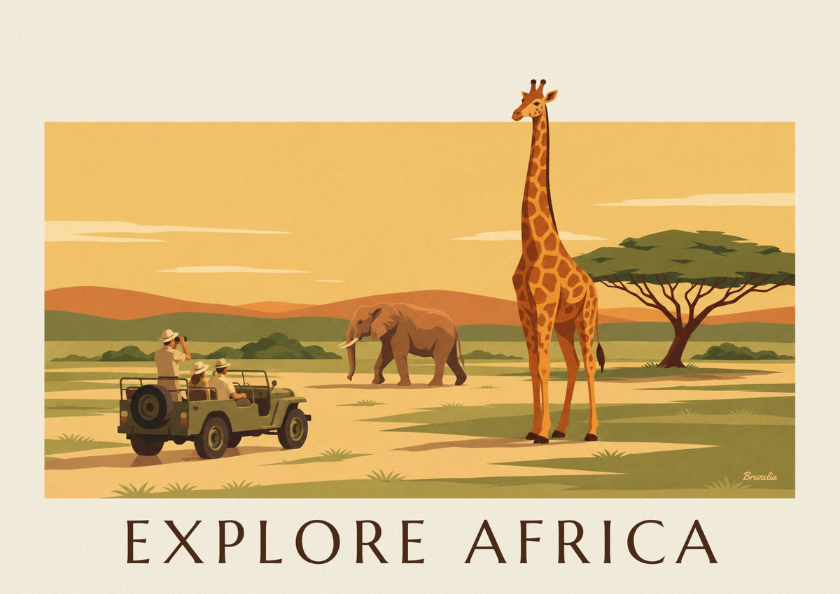 Affiche safari en Afrique avec éléphant, girafe et acacia