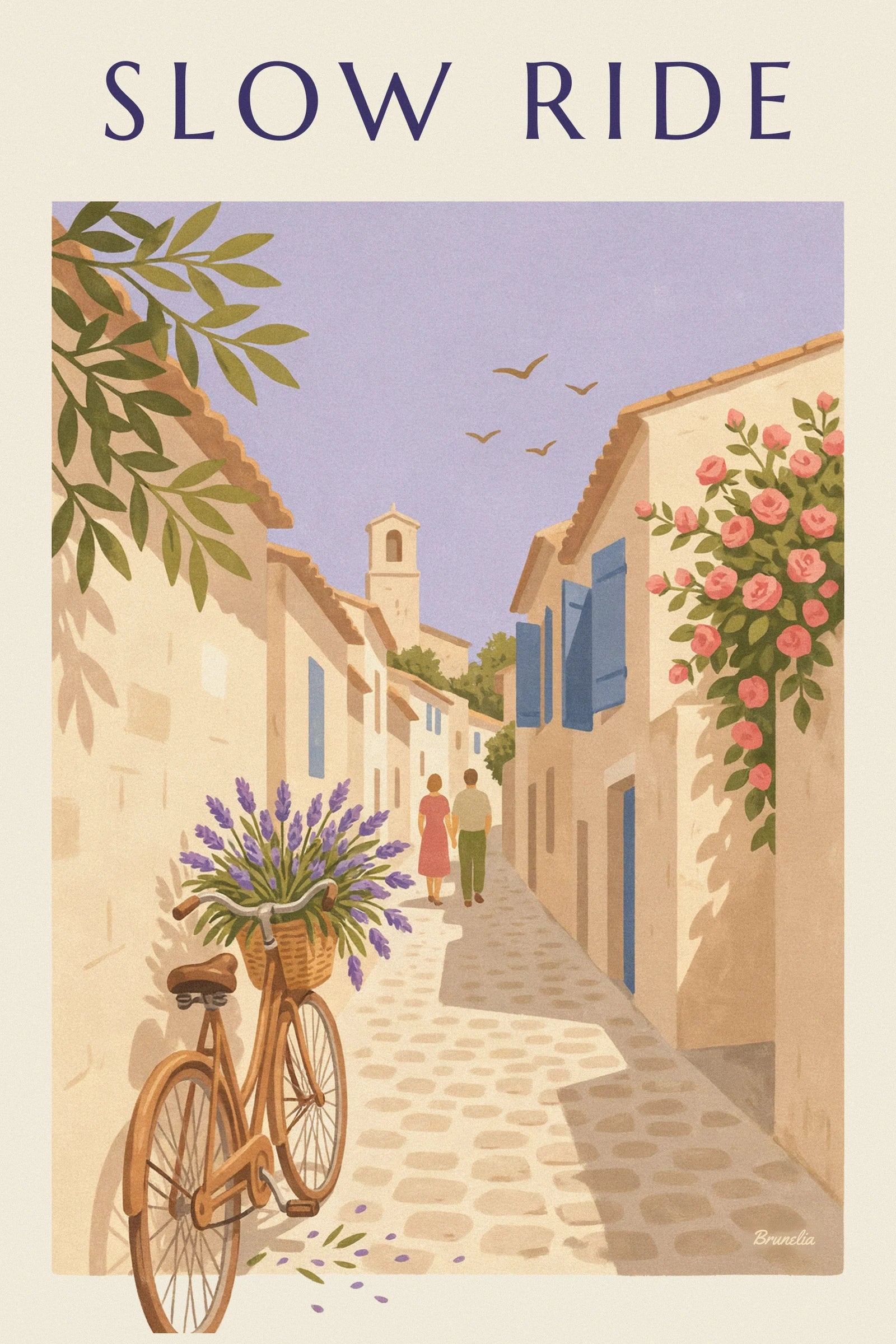 La bicicletta color ocra con il cestino di vimini traboccante di lavanda, sui ciottoli