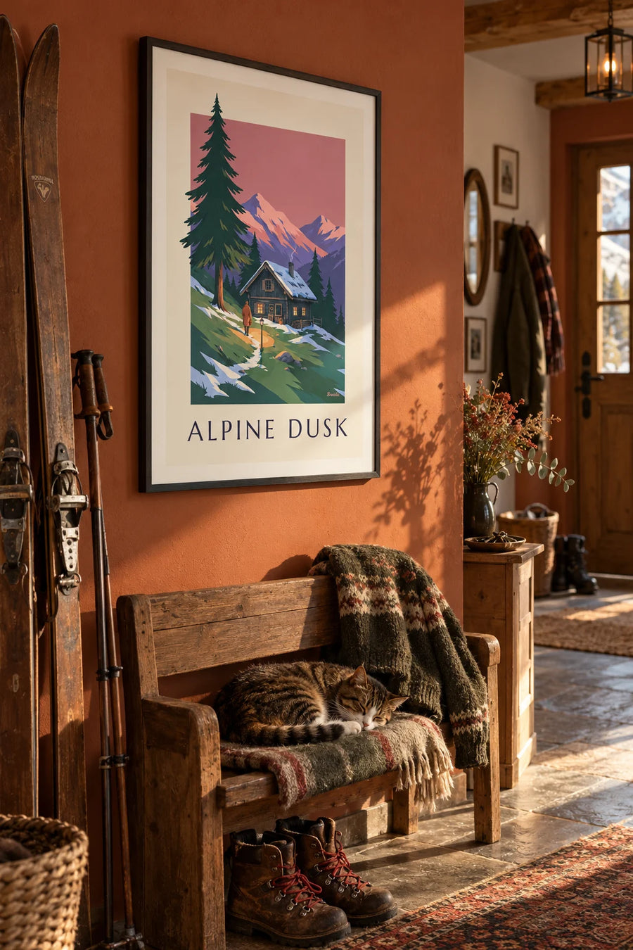 Affiche chalet dans une vallée des Alpes au crépuscule : encadrée au mur