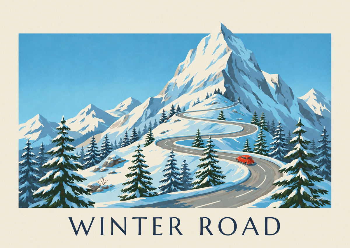 Affiche route de montagne enneigée en lacets dans les Alpes