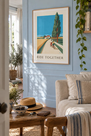 Poster coppia in tandem su una strada di campagna: incorniciato alla parete