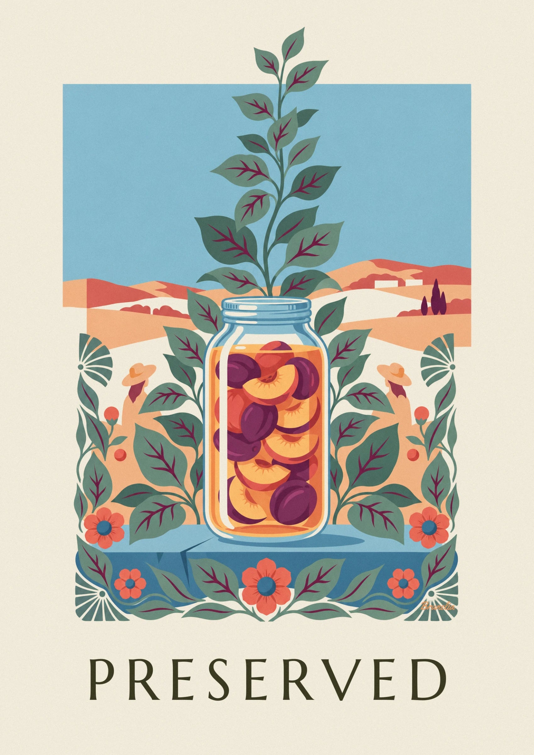 The glass jar filled with peach halves and purple plums in golden syrup