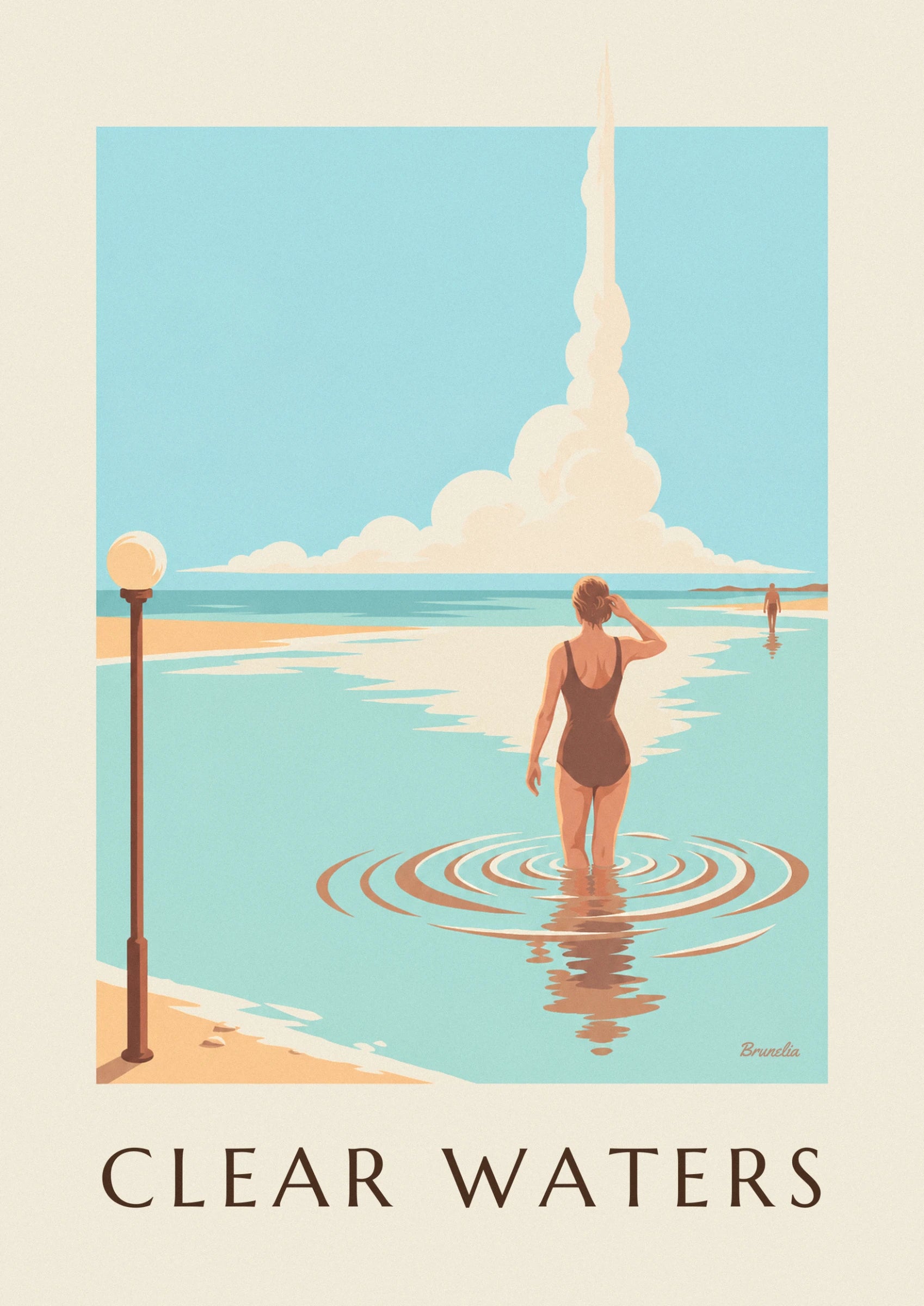 La bagnante vista di spalle in costume marrone, con una mano tra i capelli, circondata dalle increspature dell'acqua chiara