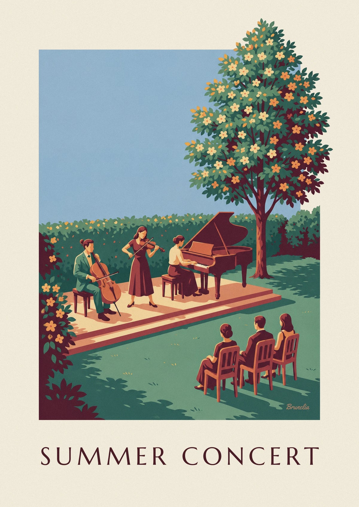 Poster trio di musica classica in un concerto estivo all'aperto