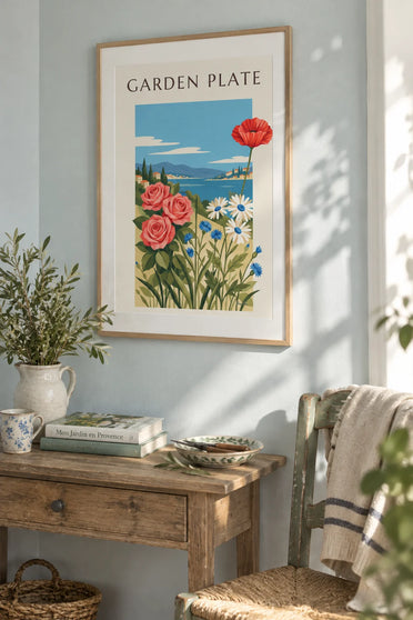 Poster of a botanical plate of garden flowers: framed on the wall