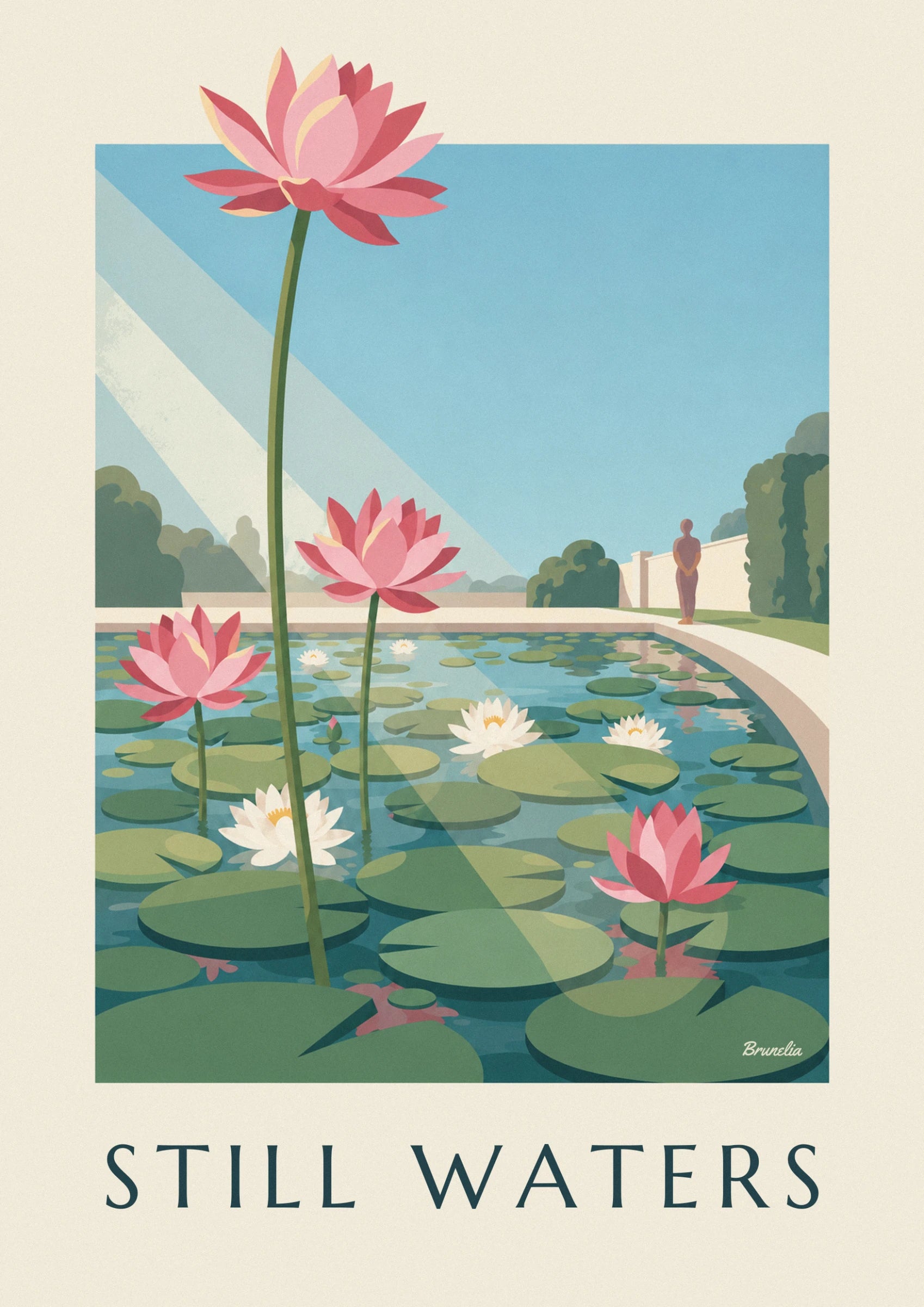 Un loto rosa dai petali increspati sul suo alto stelo verde, davanti all'acqua blu