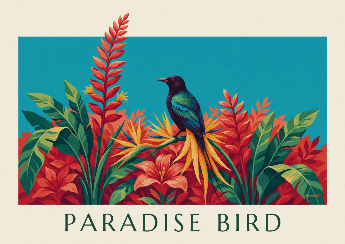 Poster uccello del paradiso tra fiori tropicali