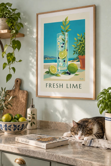 Poster of a gin and tonic with lime and juniper berries: framed on the wall