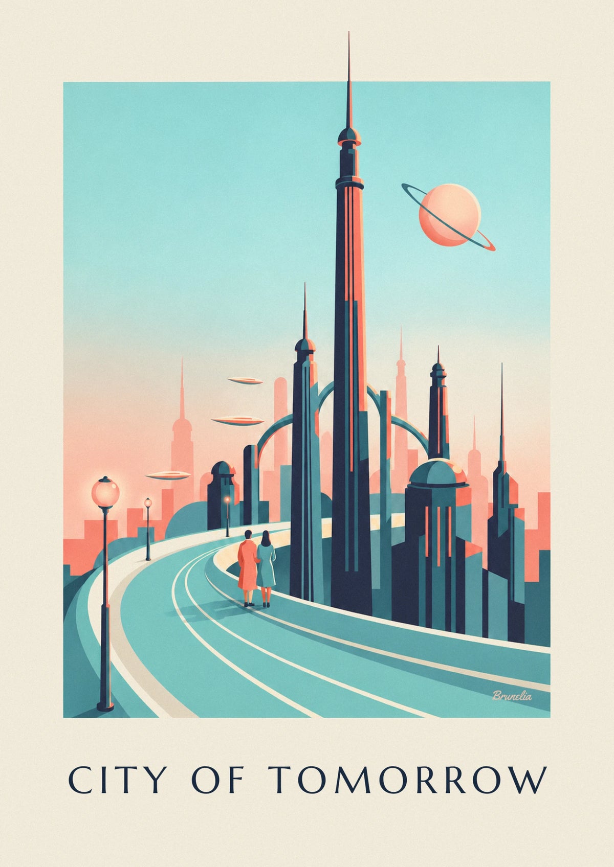 Futuristic sci-fi metropolis and ringed planet poster