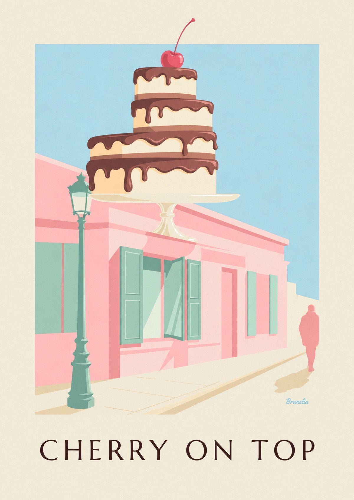 Chocolate cake with cherry in pastry shop window poster