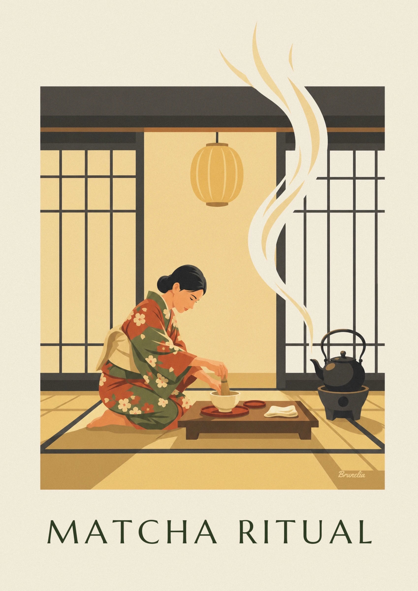 Una donna in kimono a fiori rossi e verdi che sbatte il tè in una ciotola color crema