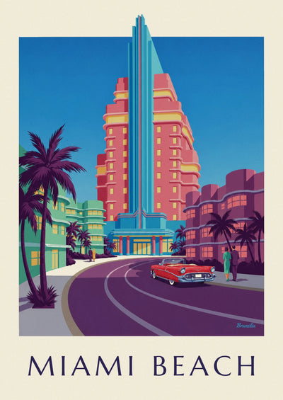 Poster con le facciate di Ocean Drive a Miami Beach all'ora blu: il poster intero