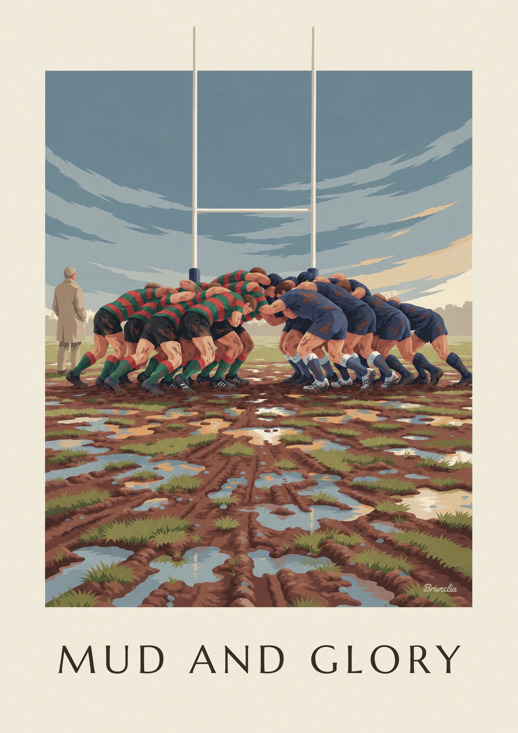 Muddy rugby scrum under a rainy sky poster: close-up detail