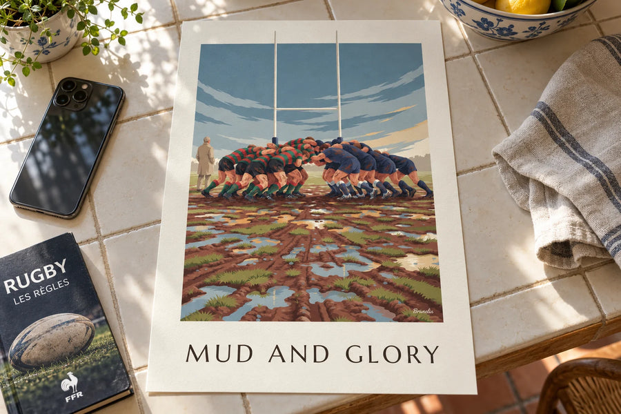 Affiche mêlée de rugby dans la boue sous un ciel de pluie : posée sur une table