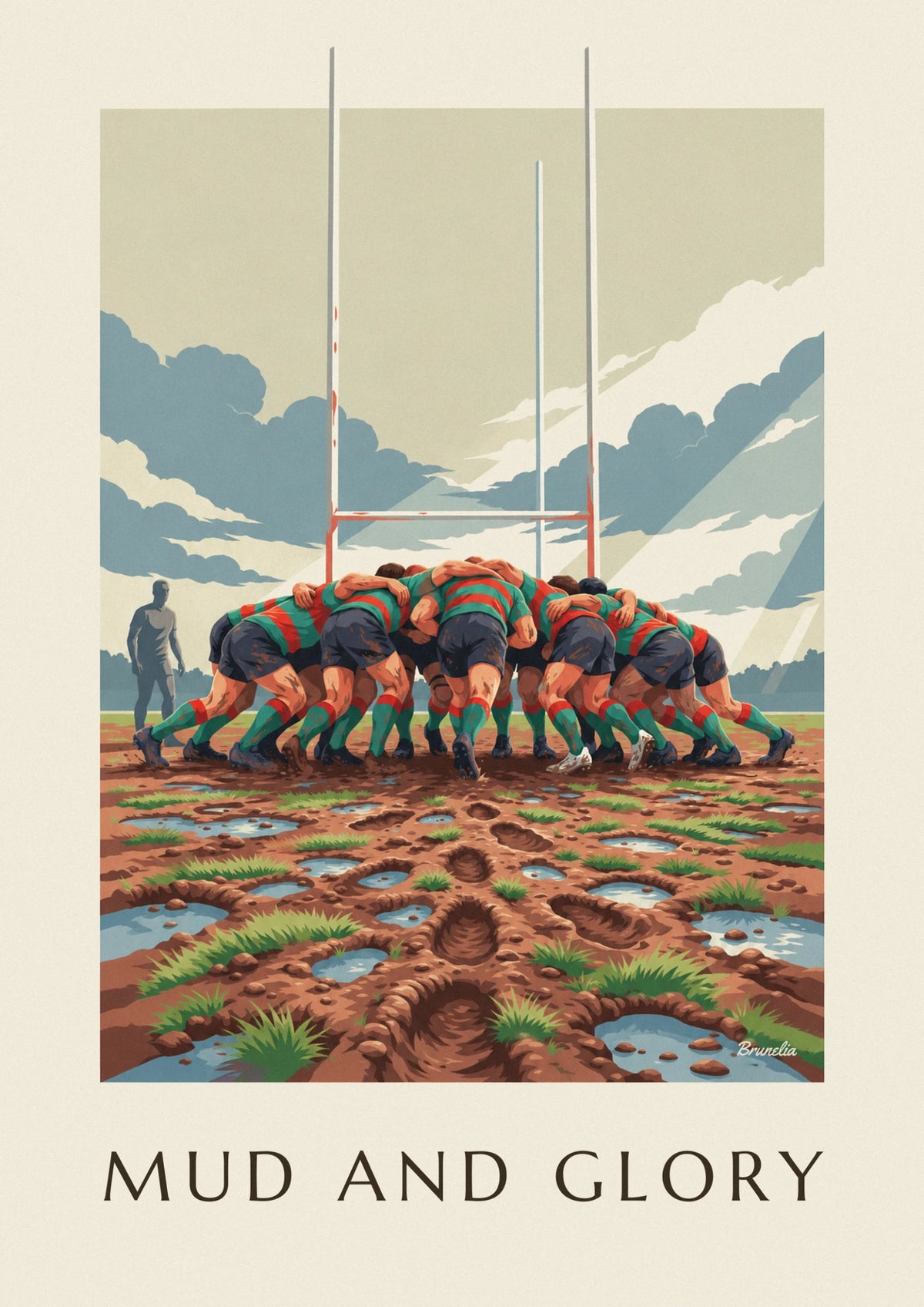 Muddy rugby scrum under a rainy sky poster