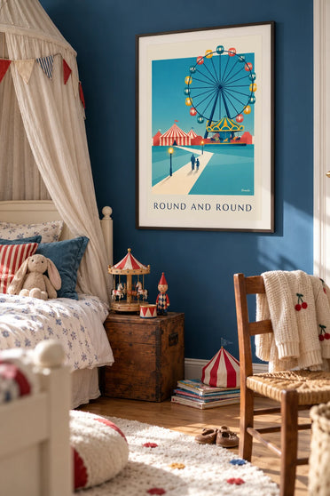 Poster of an illuminated amusement park Ferris wheel: framed on the wall