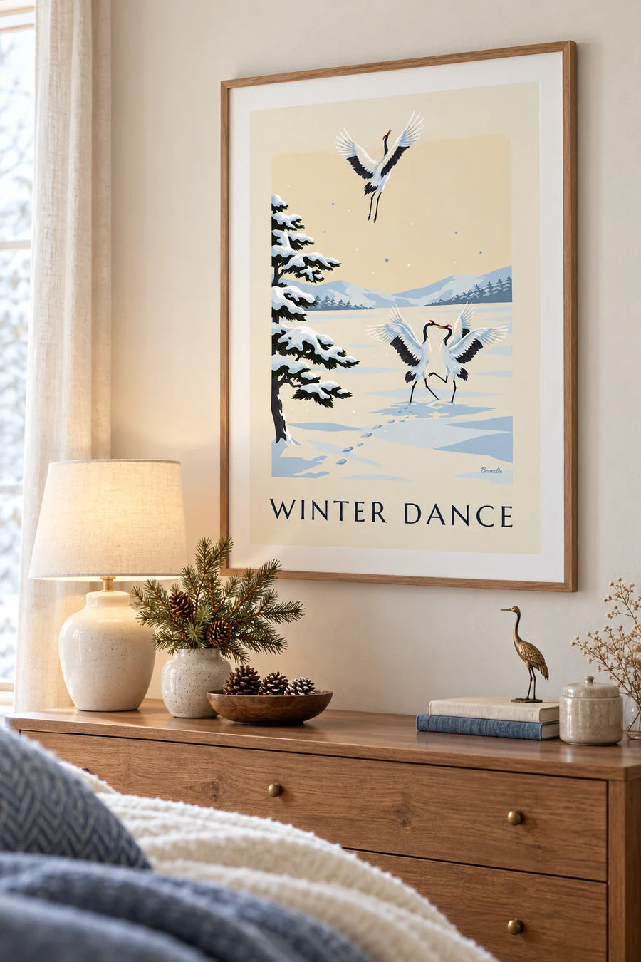Poster con gru giapponesi che danzano nella neve: incorniciato alla parete