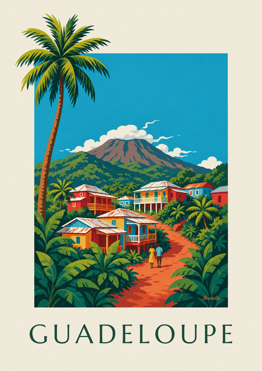 Poster case creole e vulcano della Soufrière in Guadalupa