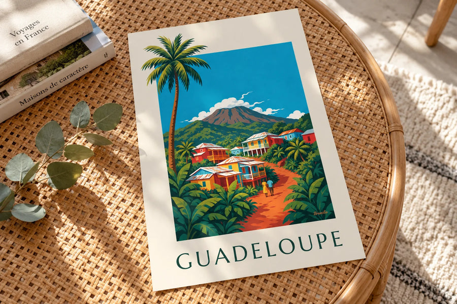 Poster con case creole e vulcano della Soufrière in Guadalupa: appoggiato su un tavolo