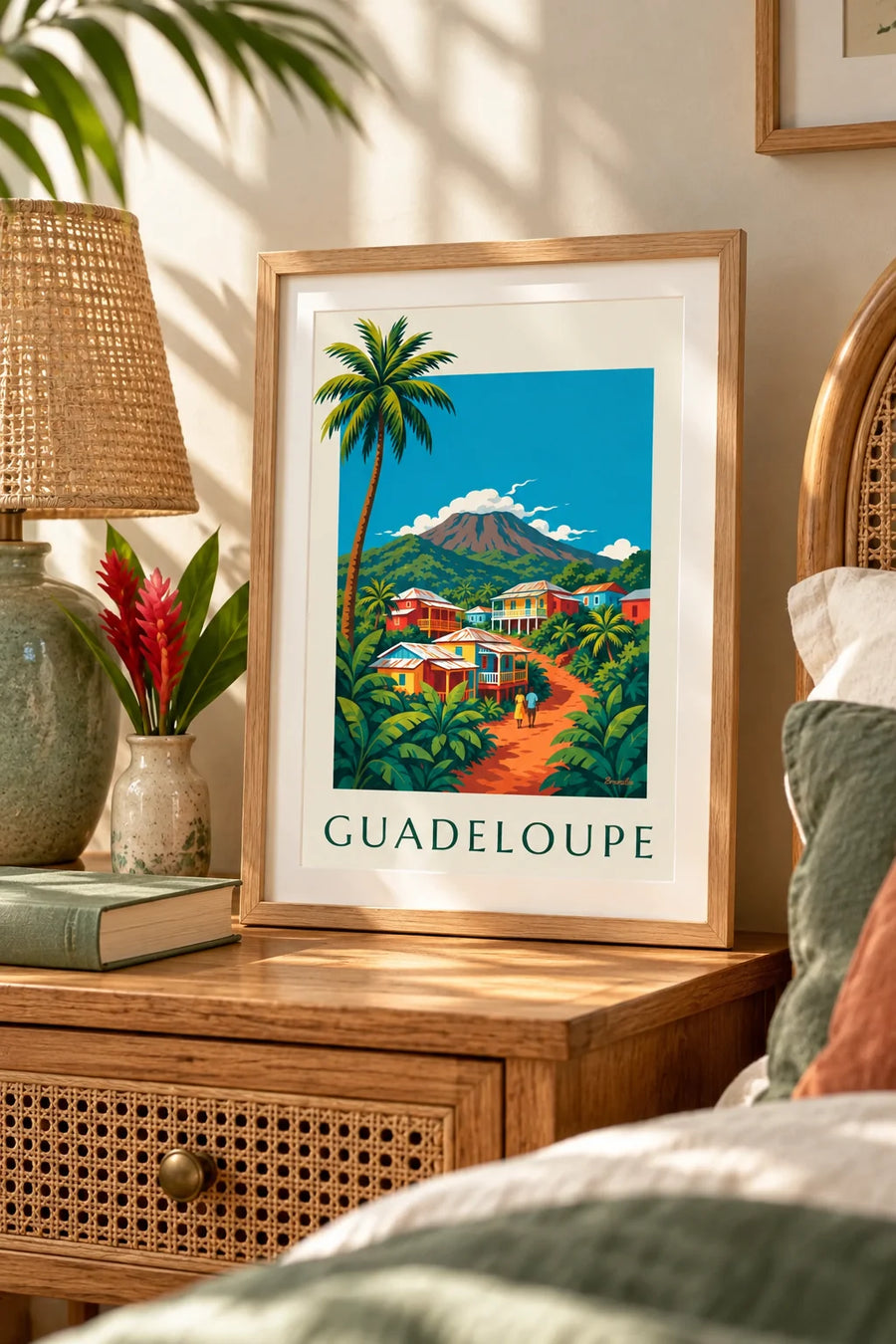 Poster case creole e vulcano della Soufrière in Guadalupa: formato piccolo A4 con cornice