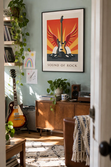Poster chitarra elettrica alata e dischi in vinile: incorniciato alla parete