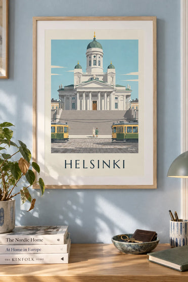Poster tram e cattedrale luterana di Helsinki: incorniciato alla parete