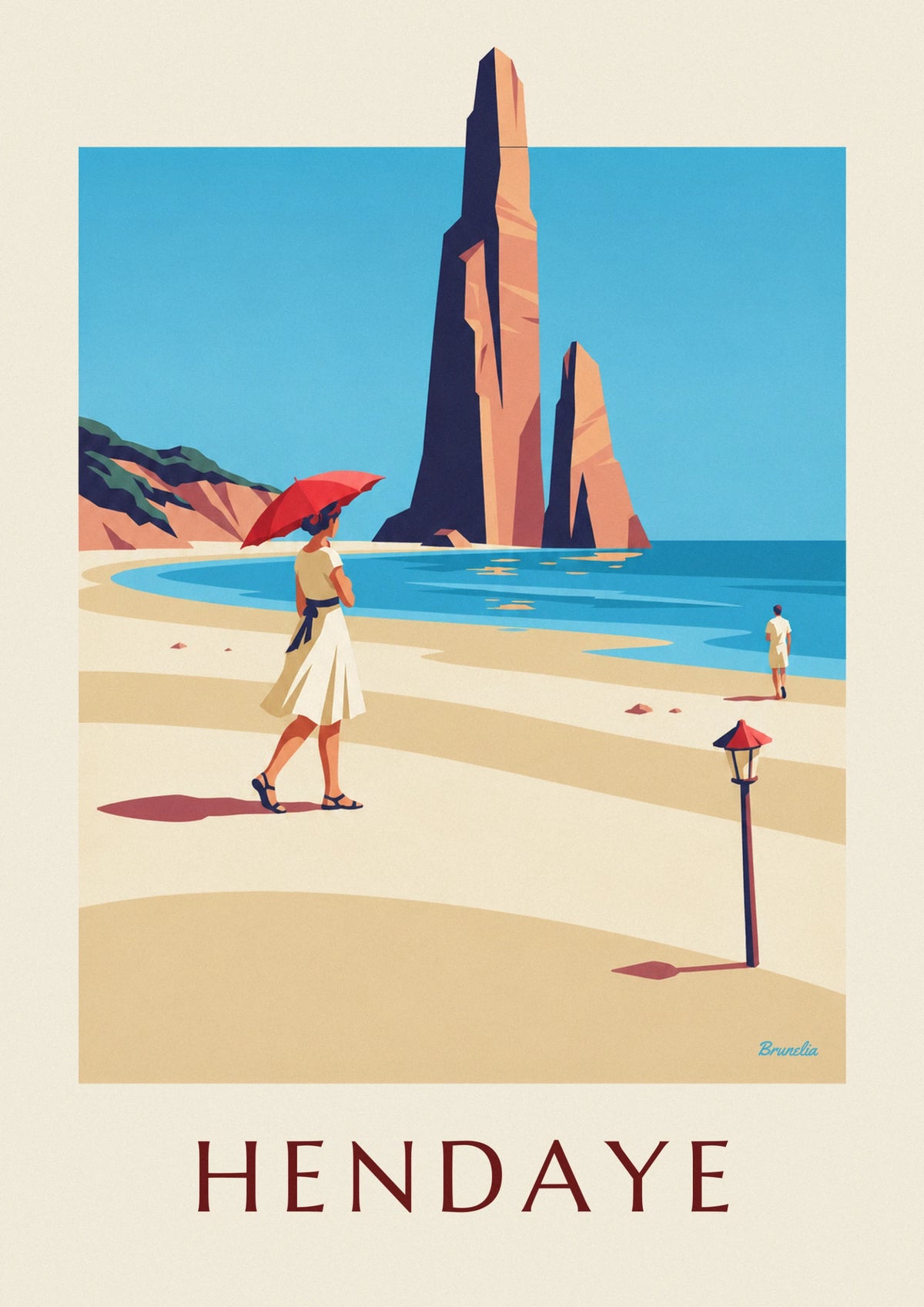 Woman with red parasol on Hendaye beach poster