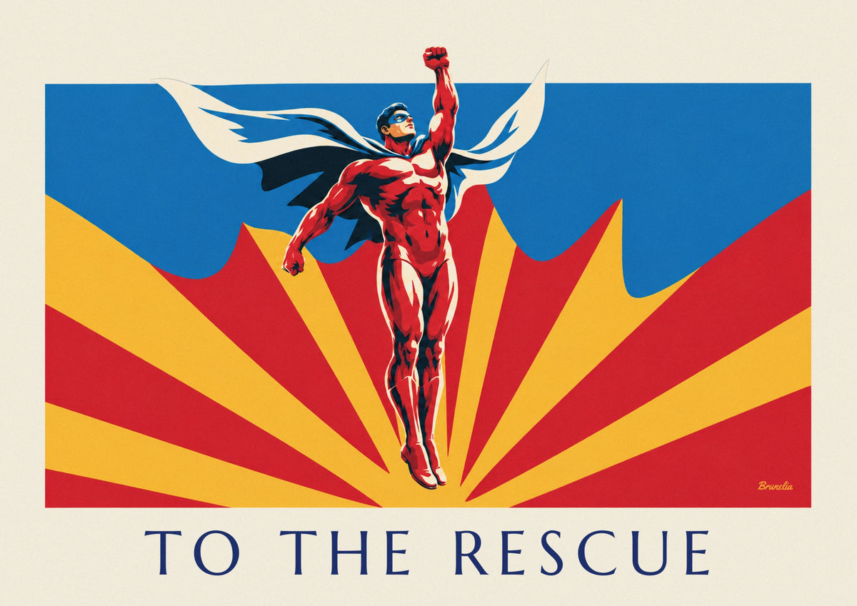 Comic superhero on red and yellow background poster