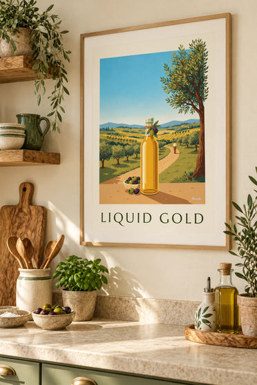 Poster di olio extra vergine di oliva e olive: incorniciato alla parete