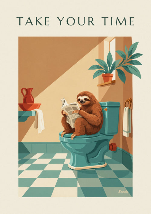 Poster umoristico del bradipo che legge il giornale in bagno: il poster intero