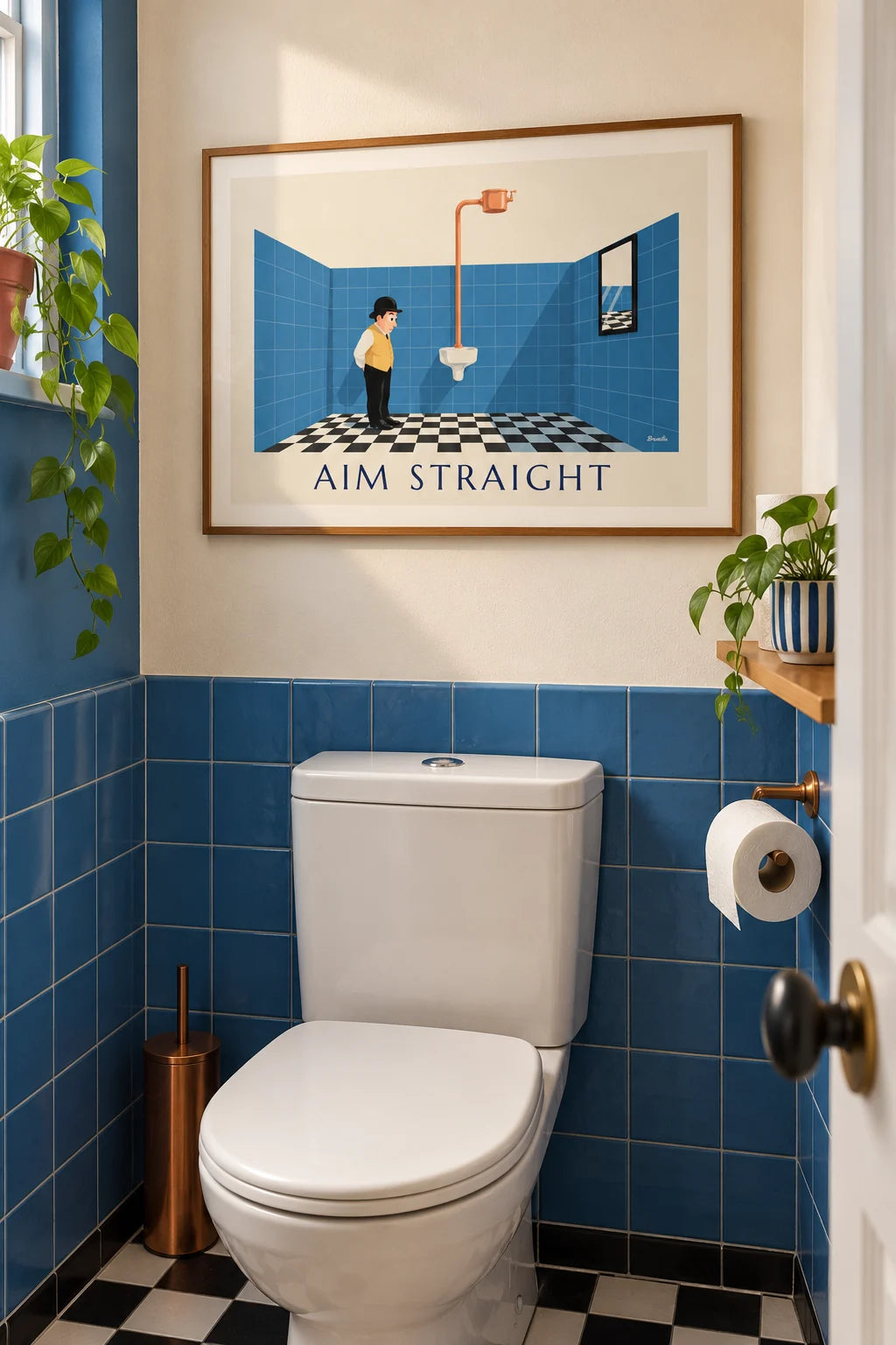 Powder room: Bowler hat gentleman at the urinal funny powder room poster on the wall