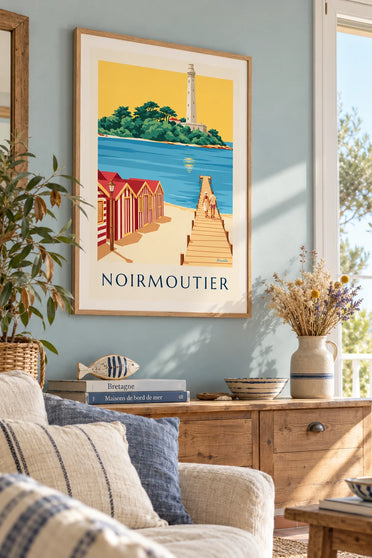 Affiche cabines de plage rayées et ponton à Noirmoutier : encadrée au mur