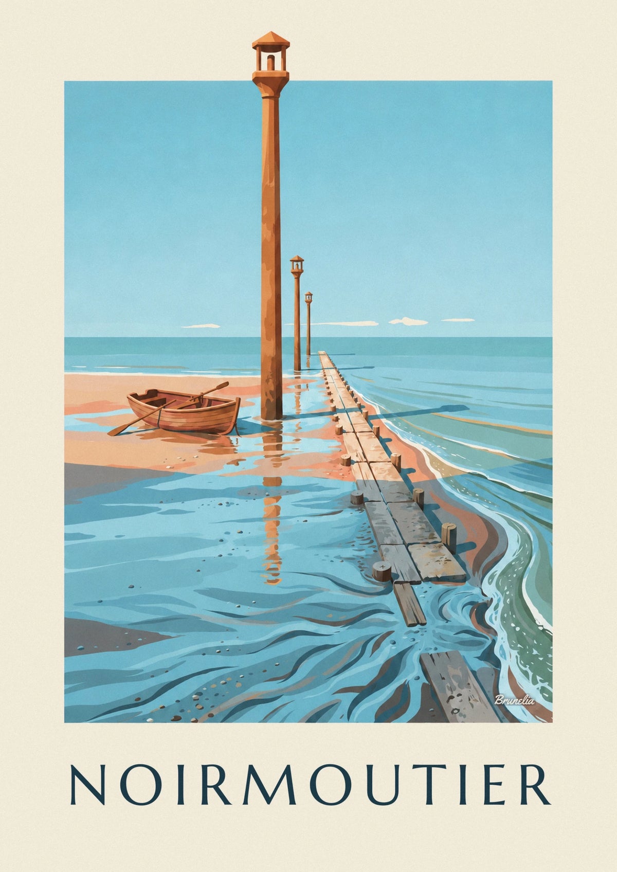 Affiche passage du Gois et barque à Noirmoutier à marée basse