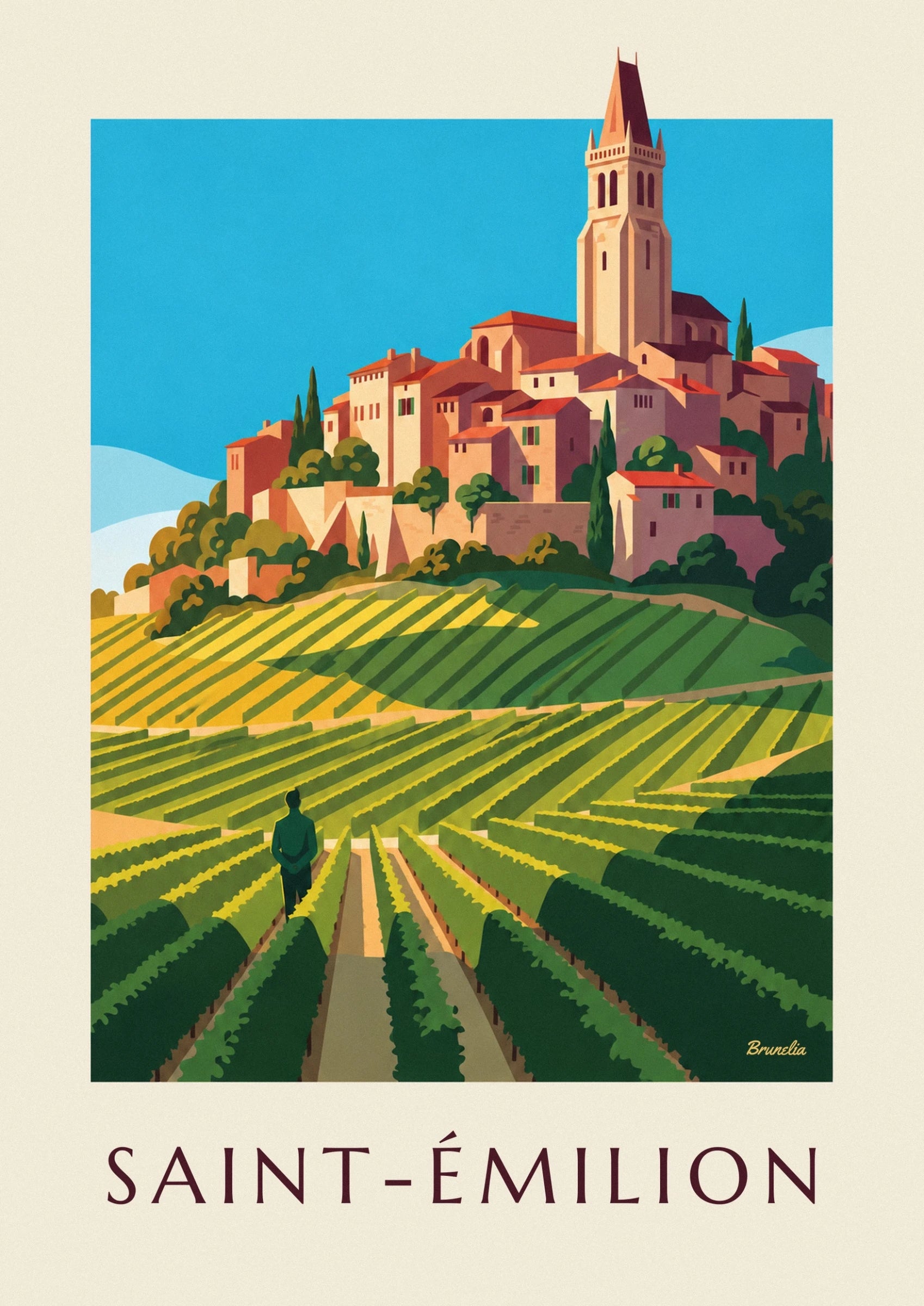 Le clocher de Saint-Émilion dominant les maisons aux toits rouges et les cyprès