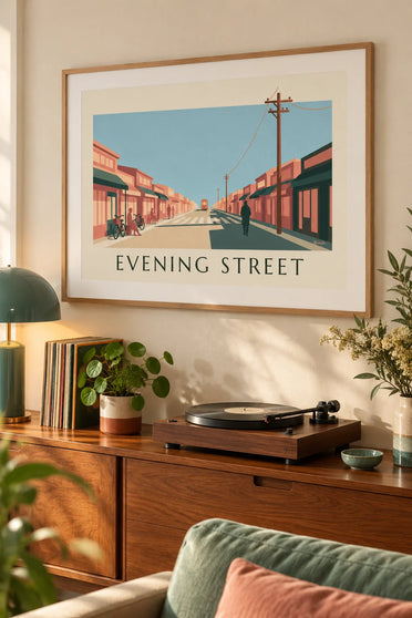 Poster con via commerciale giapponese al tramonto: con cornice alla parete