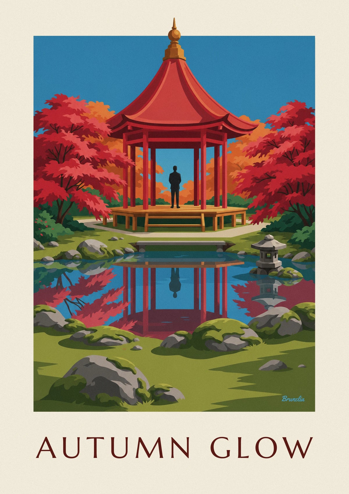 Japanese garden red pavilion and autumn maples poster