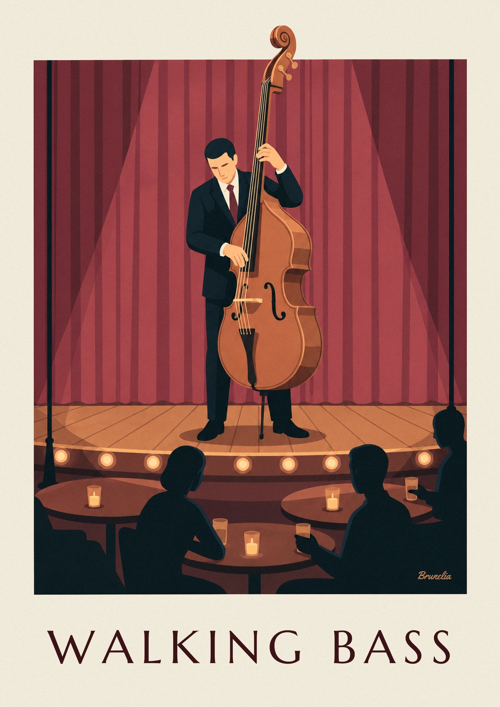 Il contrabbassista in abito scuro e cravatta bordeaux, davanti al sipario rosso
