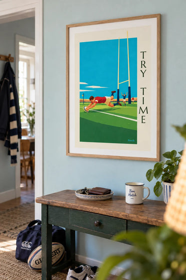Affiche rugbyman marquant un essai en plongeon : encadrée au mur