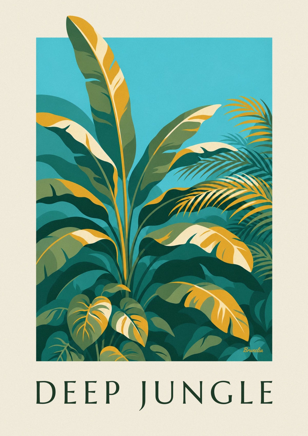 Affiche grandes feuilles de jungle tropicale en camaïeu de vert