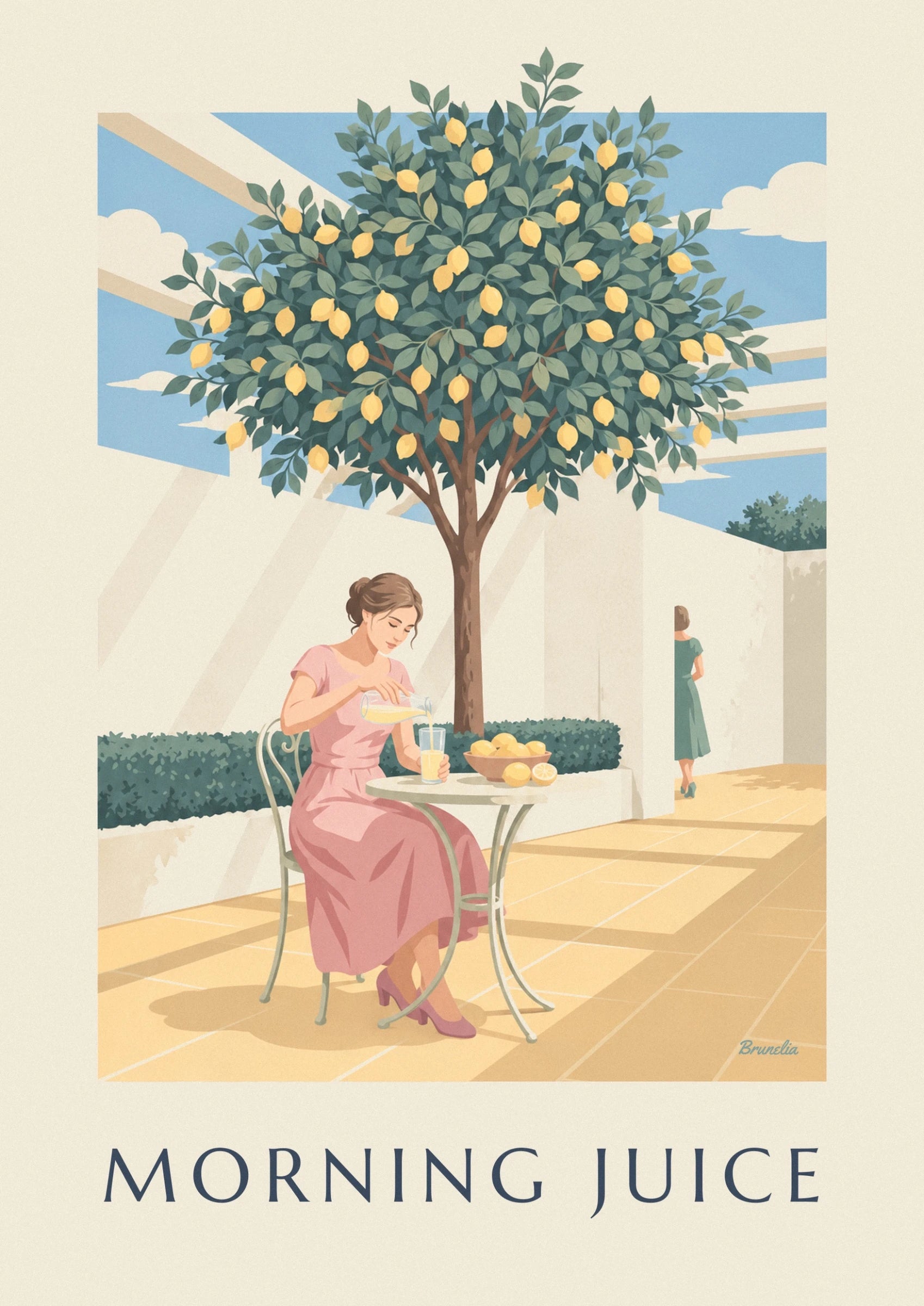 The lemon tree laden with yellow fruit, its dark green leaves and brown trunk