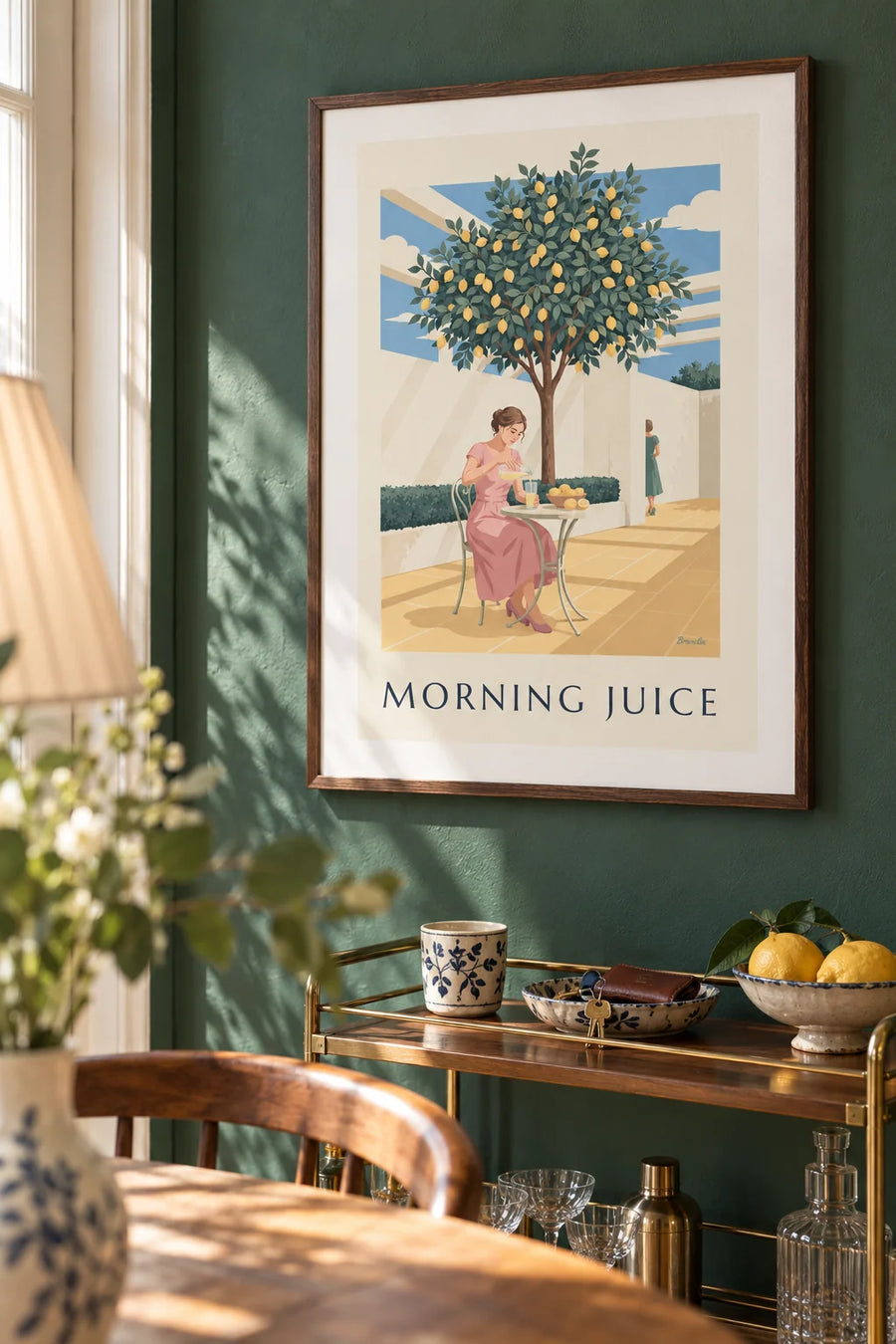 Woman pouring lemon juice under a lemon tree poster: framed on the wall