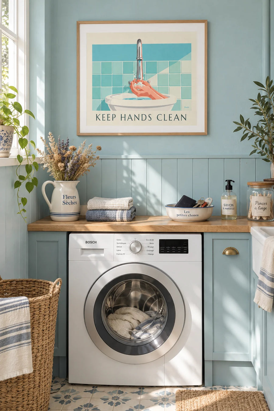 Affiche Keep hands clean pour le lavage des mains : encadrée au mur